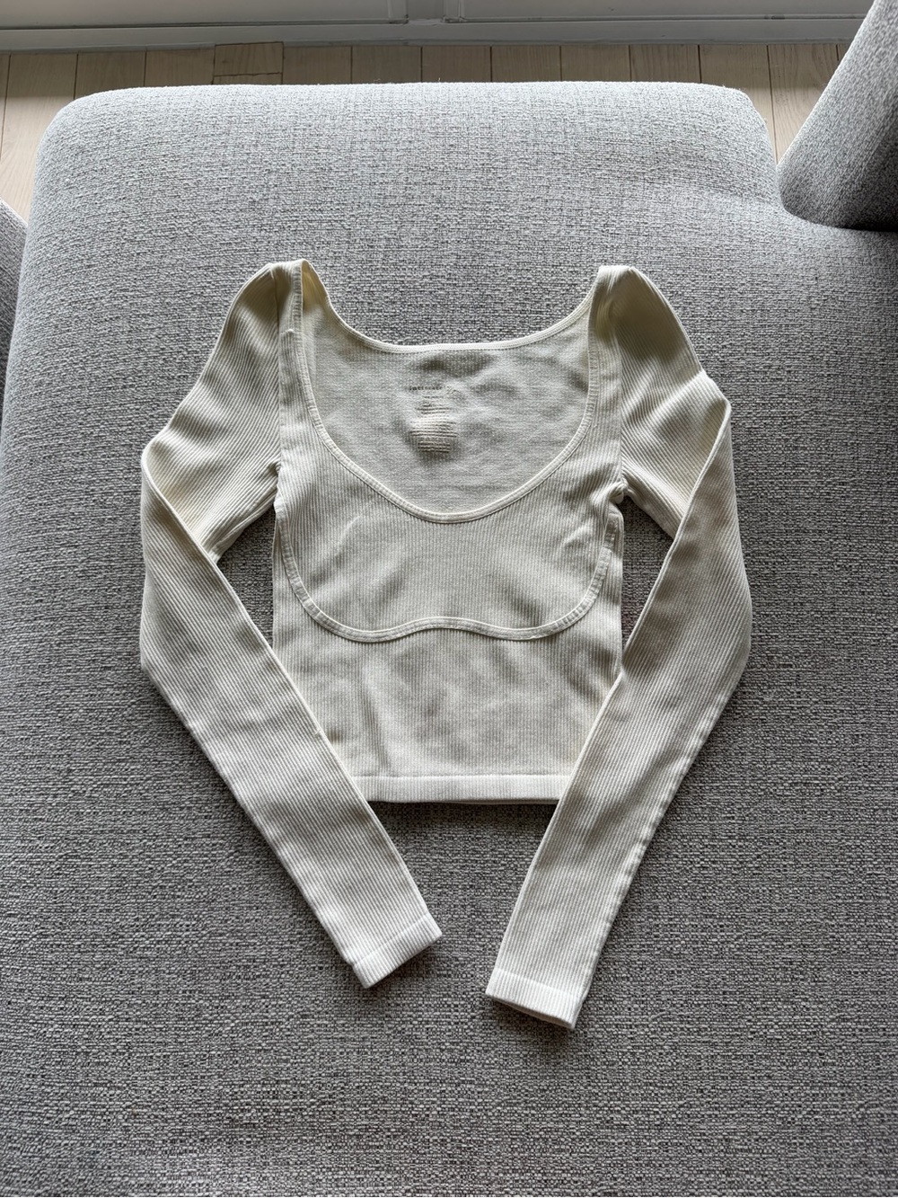 Free People Scoop Neck Ribbed Long Sleeve Crop Top - Cream